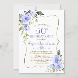 Blaue Blütenblume Gold Rahmen 50. Geburtstag Einladung