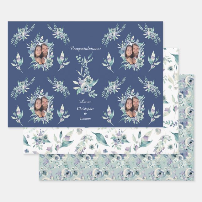 Blaue Blütenblume Hochzeitsvorlage Geschenkpapier Set (Set)