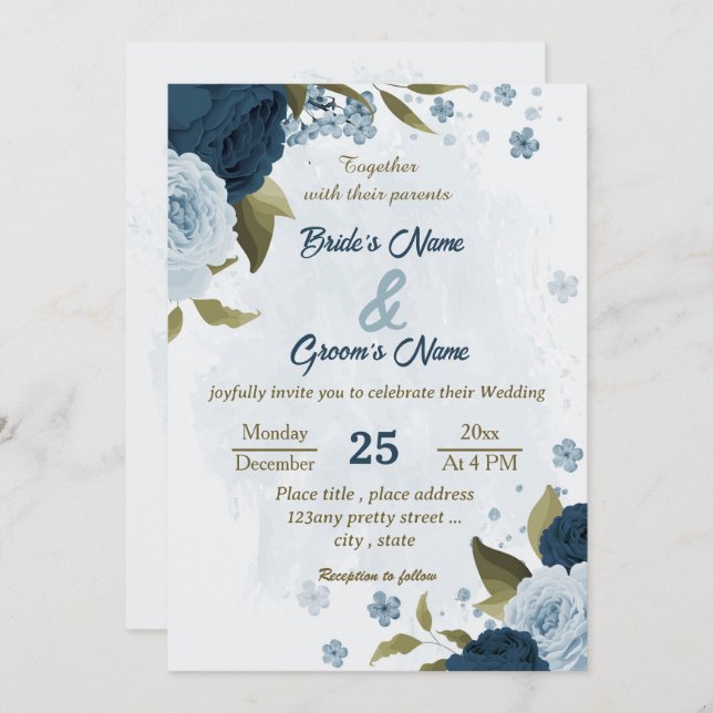 Blaue Blütenblumen botanische Hochzeit Einladung (Vorne/Hinten)