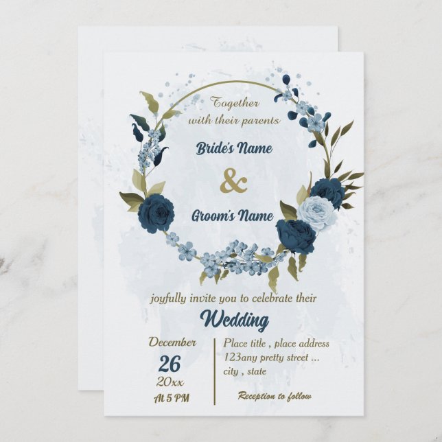 Blaue Blütenblumen botanische Hochzeit Einladung (Vorne/Hinten)