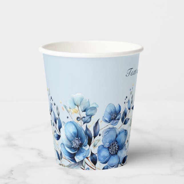 Blaue Blütenblumen Papier-Cups Pappbecher (Vorderseite)