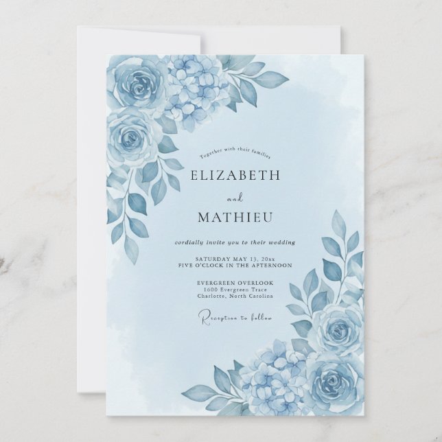 Blaue Blütenhochzeit Einladung (Vorderseite)