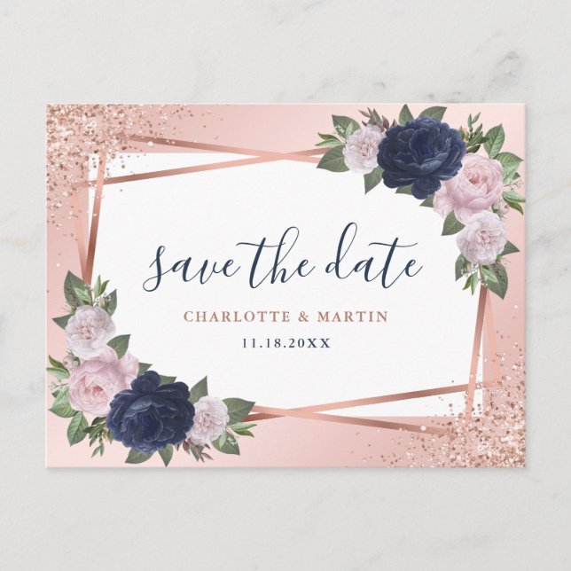 Blaue Blütenhochzeit Rose Gold Floral Geometric We Ankündigungspostkarte (Vorderseite)