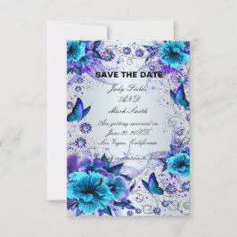 Blaue Blütenkarte und Schmetterlingskarte Save the Date