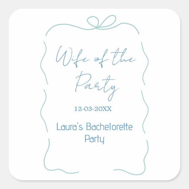 blaue Bogen Frau der Party Name Datum spanische Gr Quadratischer Aufkleber (Vorderseite)