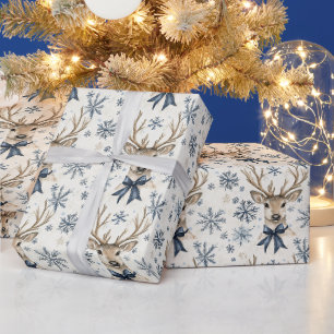 Blaue Bögen Hirsch Weihnachten Schneeflocken Geschenkpapier