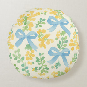 Blaue Bogen und gelbes florales Kernmuster Rundes Kissen