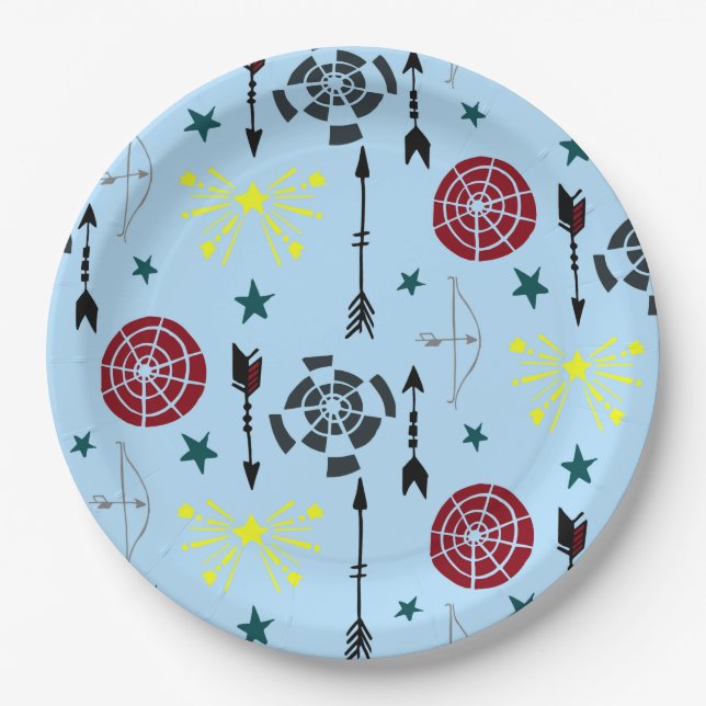Blaue Bogenbäume Pfeile und Ziele Pappteller (Vorderseite)