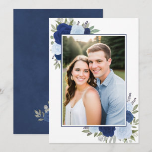 Blaue Boho-Aquarellrosen-Foto-Unterlage Hochzeit Einladung