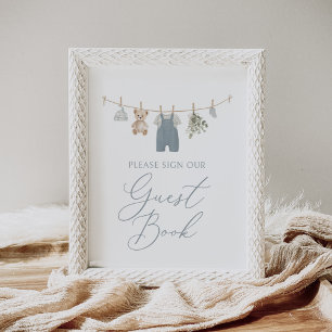 Blaue Boho-Babysachen Babyshow-Einladung Gastbuch Poster