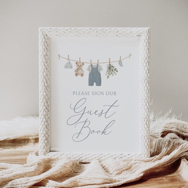 Blaue Boho-Babysachen Babyshow-Einladung Gastbuch  Poster (Von Creator hochgeladen)