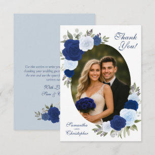Blaue Boho-Chic-Watercolor-Rosen Oval-Foto-Hochzei Dankeskarte