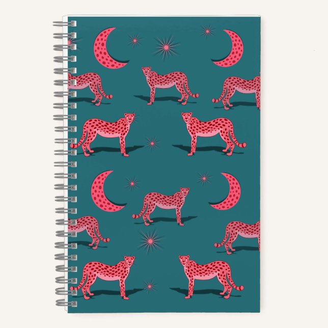 Blaue Boho-Gepard und rosa Mond-Notizbuch Notizbuch (Vorderseite)