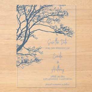 Blaue Boho-Hochzeit mit einzelnem Baum Acryleinladungen