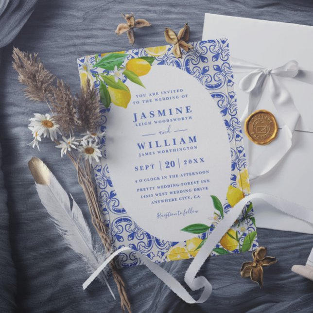 Blaue Boho-Kacheln und Zitronen QR-Code-Hochzeit Einladung (Von Creator hochgeladen)