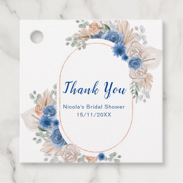 Blaue Boho-Pampasgras-Brautparty Geschenkanhänger (Vorderseite)