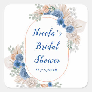 Blaue Boho-Pampasgras-Hochzeitsdusche Quadratischer Aufkleber