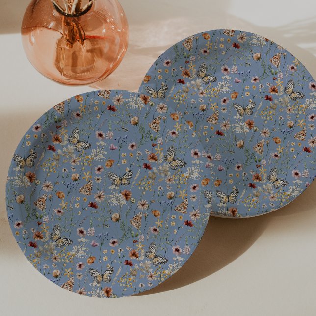 Blaue Boho Schmetterlinge Pappteller (Dusty Blue Boho Floral Butterflies Paper Plates by Painted Paperie
)