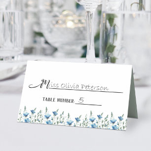 Blaue Boho-Wildblumen Elegante Hochzeits-Schreibei Platzkarte