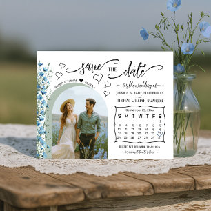 Blaue Boho-Wildblumen-Foto- und Kalender-Hochzeit Save The Date