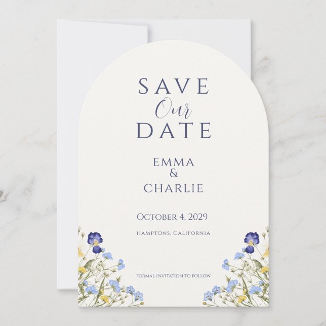Blaue Boho-Wildblumen-Hochzeit - Save the Date Einladung (Vorderseite)