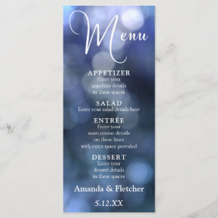Blaue Bokeh-Licht- & Typografie 32 Hochzeitsmenü Menükarte