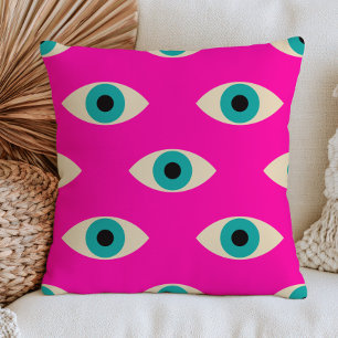 Blaue Böse Augen auf Hot Pink Maximalistischem Fun Kissen