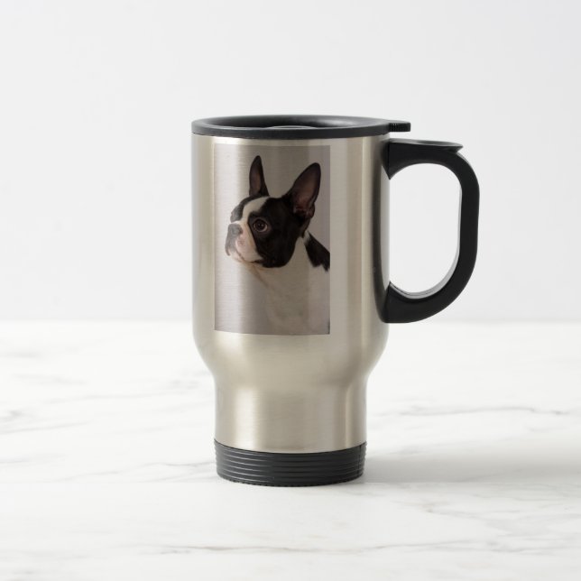 Blaue Boston-Terrier-Hunderostfreier Stahl-Tasse Reisebecher (Rechts)
