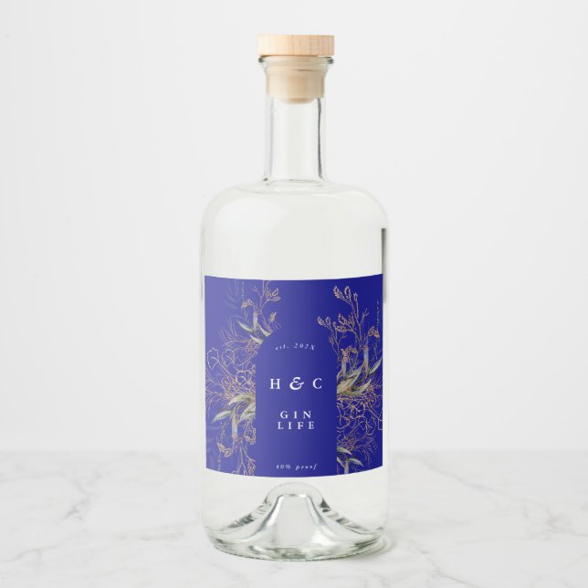 Blaue Botanicals Gold Eucalyptus Gin Arch Alkoholflaschenetikett (Vorderseite)