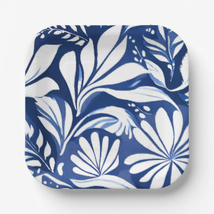 Blaue botanische Aquarell-Blumen weißes Muster Pappteller