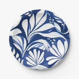Blaue botanische Aquarell-Blumen weißes Muster Pappteller
