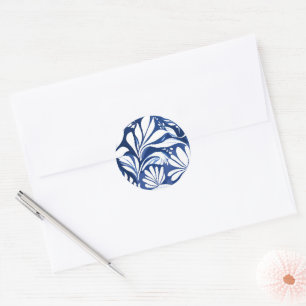Blaue botanische Aquarell-Blumen weißes Muster Runder Aufkleber