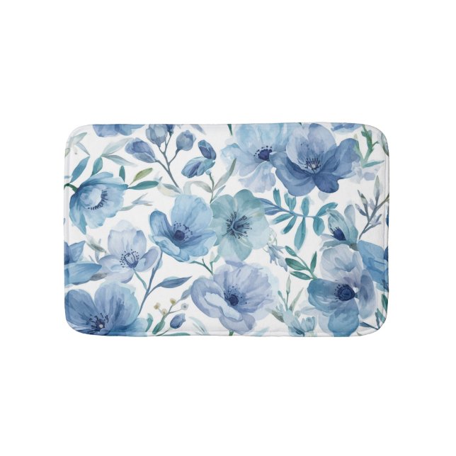 Blaue botanische Aquarell-Blumengarten Badematte (Vorderseite)