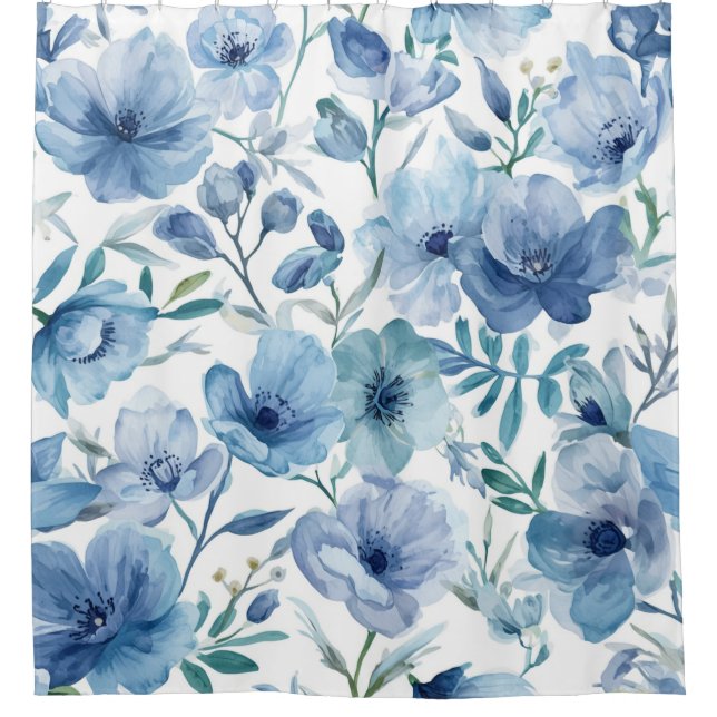 Blaue botanische Aquarell-Blumengarten Duschvorhang (Vorderseite)