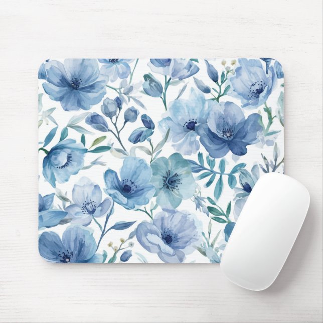 Blaue botanische Aquarell-Blumengarten Mousepad (Mit Mouse)