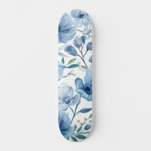 Blaue botanische Aquarell-Blumengarten Skateboard
