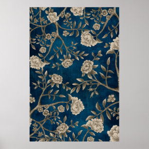 Blaue Botanische Chinoiserie Blume Poster