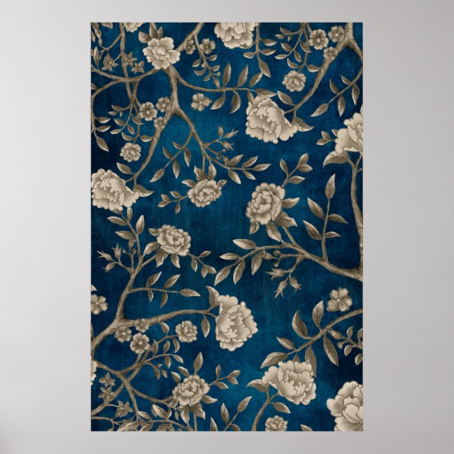 Blaue Botanische Chinoiserie Blume Poster (Vorne)