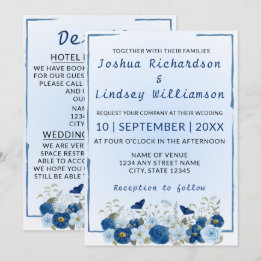 Blaue Botanische Eleganz Hochzeit Einladung