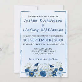 Blaue Botanische Eleganz Hochzeit Einladung