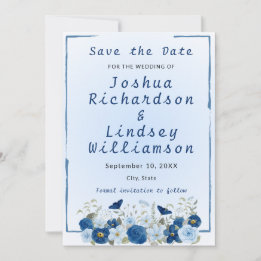 Blaue Botanische Eleganz Hochzeit Save The Date