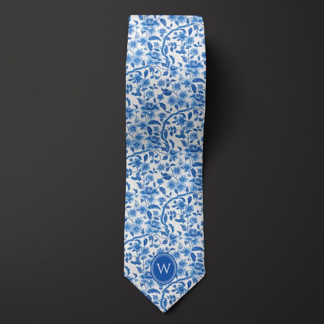Blaue Botanische Floral Monogramm Krawatte (Von Creator hochgeladen)