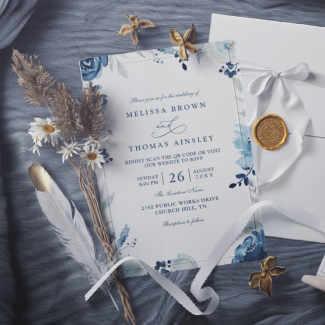 Blaue Botanische Florale QR-Code-Hochzeit  Einladung (Von Creator hochgeladen)