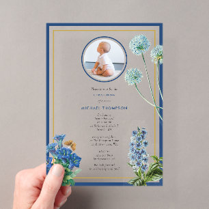 Blaue botanische Gold-Taufe Christening Junge Foto Acryleinladungen
