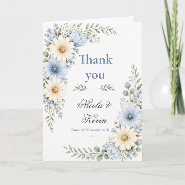 Blaue botanische Hochzeit Dankeskarte (Vorderseite)