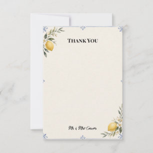 Blaue botanische Hochzeit-Dankeskarten mit Zitrone Dankeskarte
