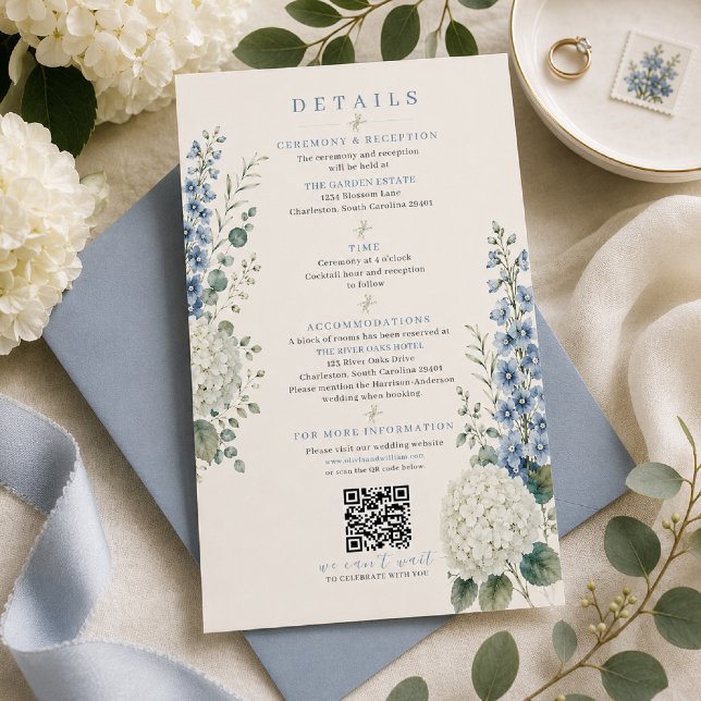 Blaue Botanische Hochzeits-Details Karte (Von Creator hochgeladen)