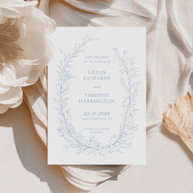 Blaue botanische Linie Art Rahmen Hochzeit Save The Date (Von Creator hochgeladen)