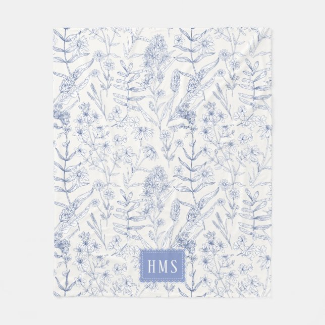 Blaue Botanische Monogramm-Wildblume  Fleecedecke (Vorderseite)