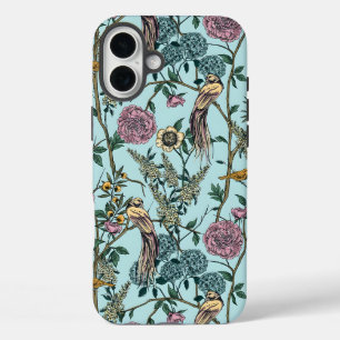 Blaue botanische Muster im Vintage-Stil iPhone 16 Plus Hülle